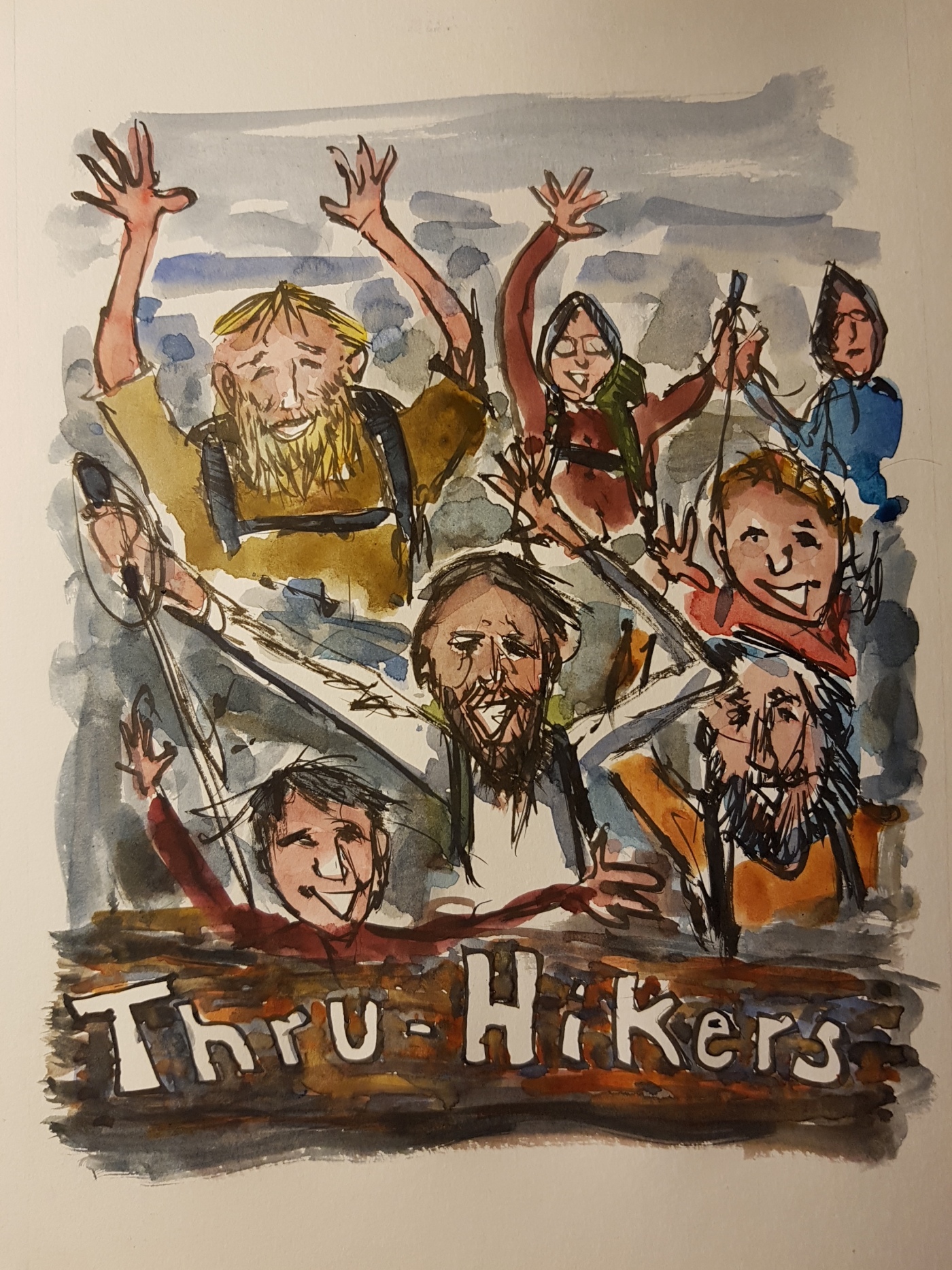 Character study of people hikers finishing hike. sketch by Frits Ahlefeldt