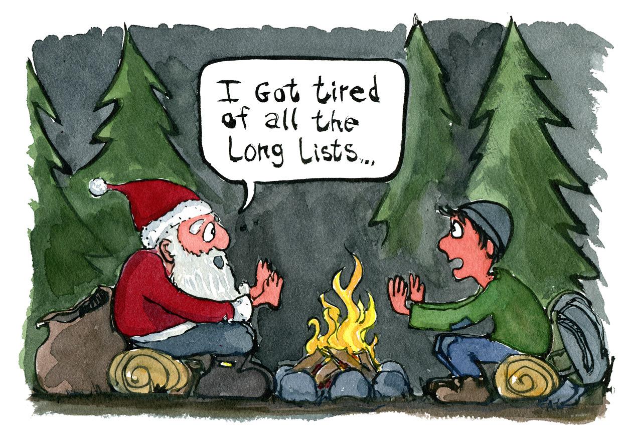 Hiker and Santa Claus sitting at a fireside. Cartoon illustration by Frits Ahlefeldt