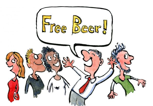 Man in a bar shouting free beer