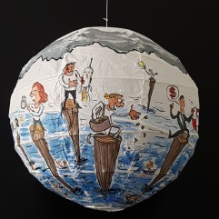 Drawing up people on wooden sticks talking about different things while the water gets higher. Sphere painting by Frits Ahlefeldt on Rice paper lamp