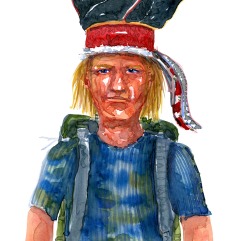 Long hair blond man wearing backpack and traditional looking hat