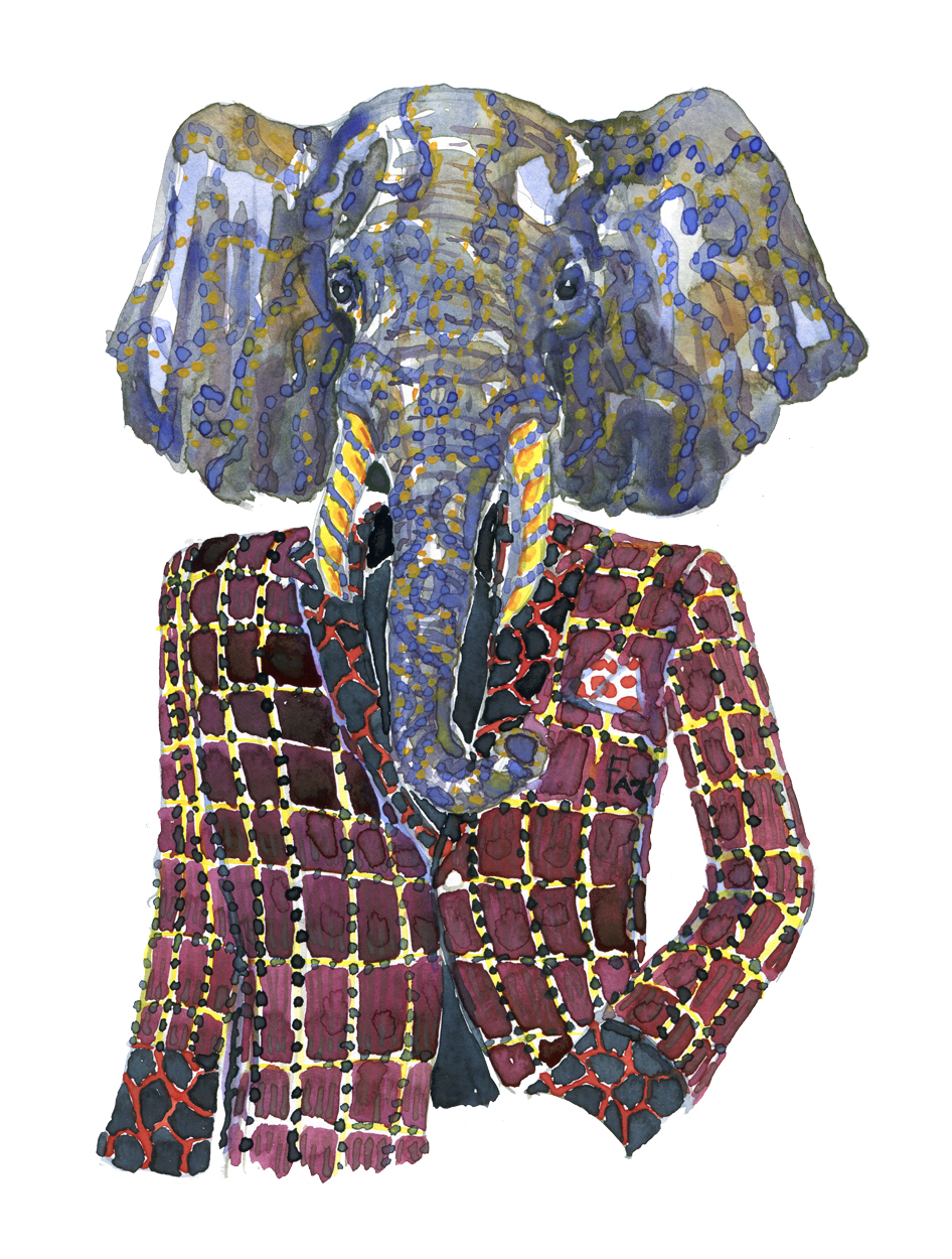 Elephant in a red jacket. Fashion watercolor painting of animal in suit by Frits Ahlefeldt