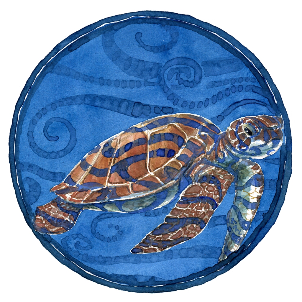 Watercolor of a sea turtle in a circle