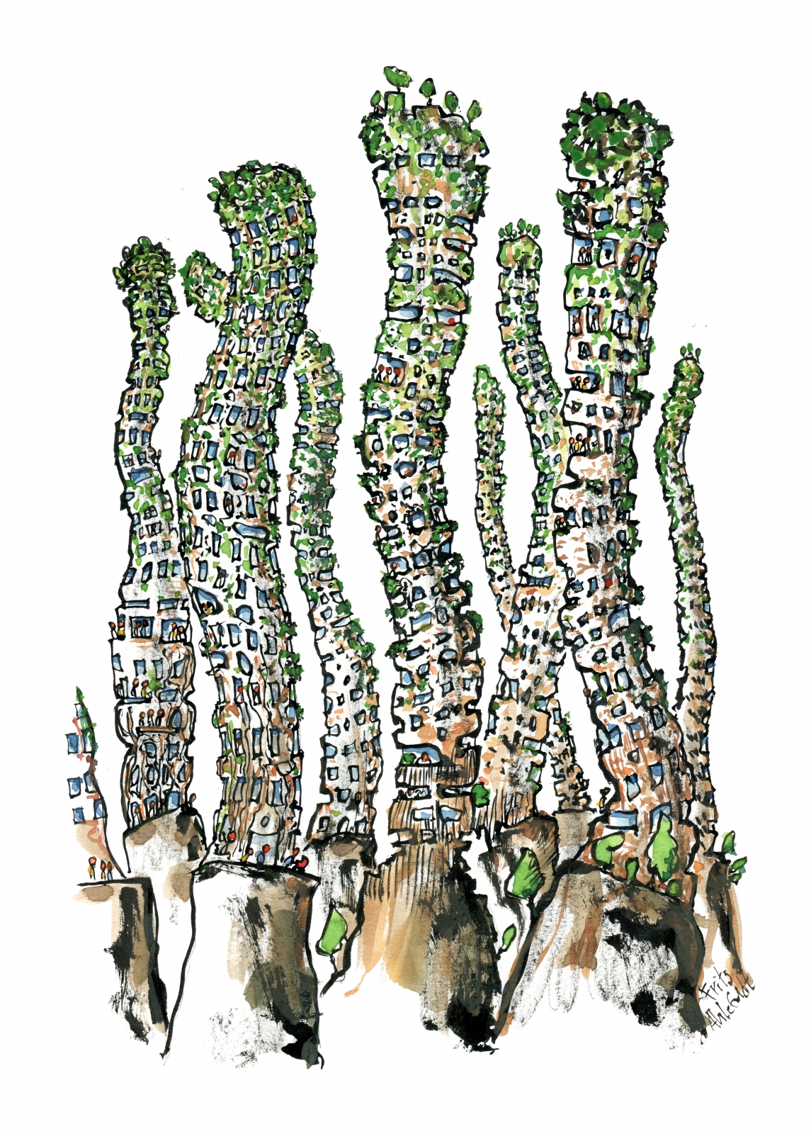 Drawing of a tall green organic building covered by plants