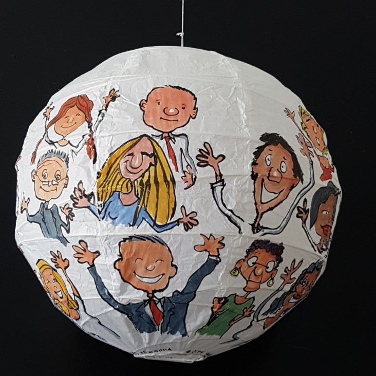 Detail - Happy people all around painting by Frits Ahlefeldt. On Rice paper Lamp