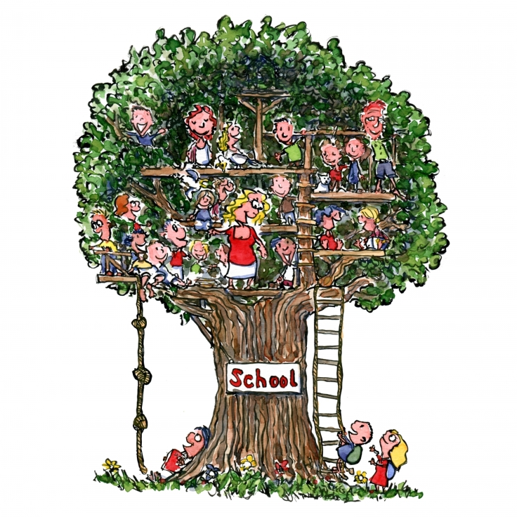 School up in a tree with happy kids drawing
