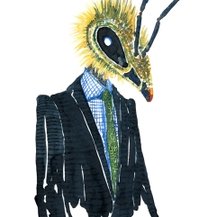 Watercolor of a bee dressed in a suit, Fashion watercolor painting of animal in suit by Frits Ahlefeldt