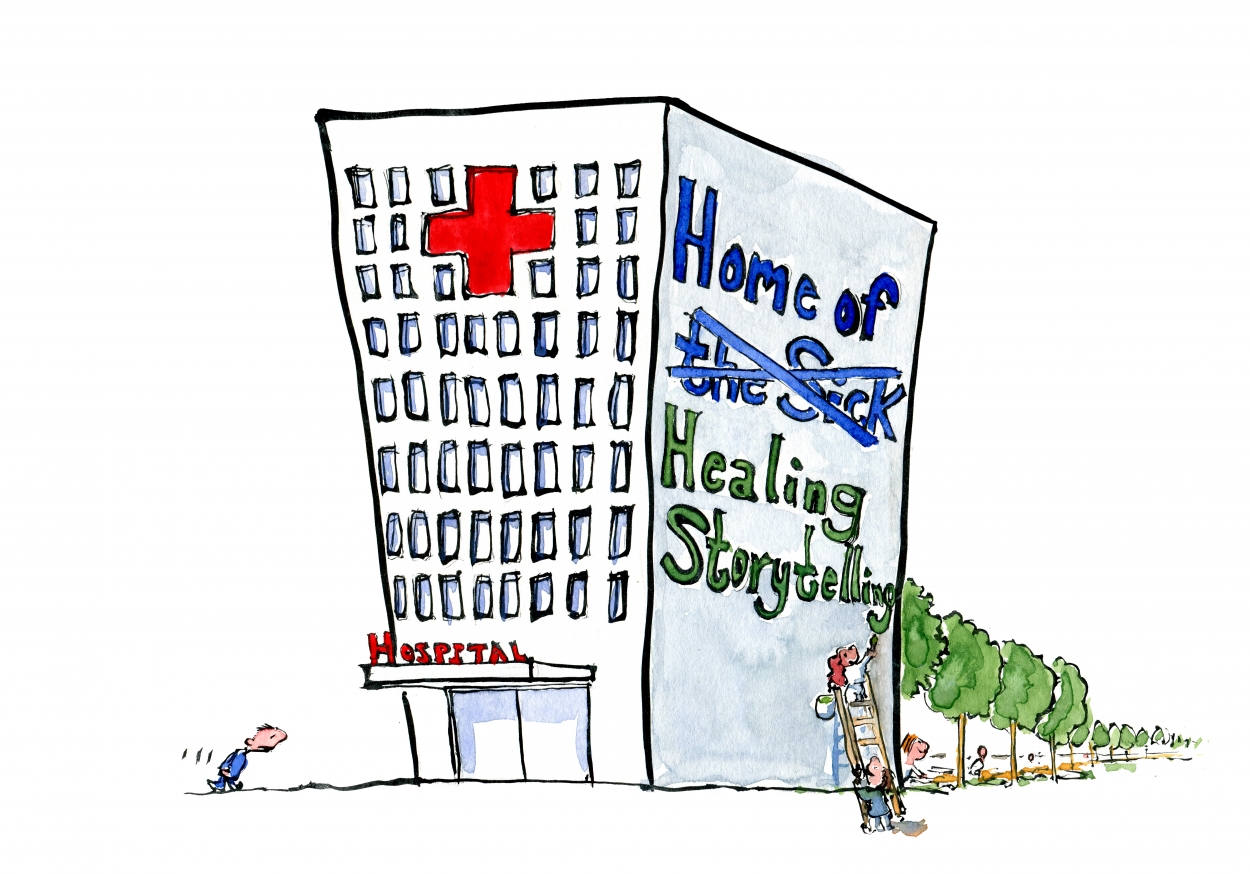Drawing of people writing Healing Storytelling on the side of a hospital