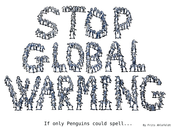 Penguins on the south pole spelling Stop Global Warming