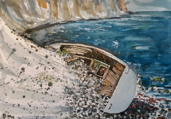 Watercolour of a stranded boat