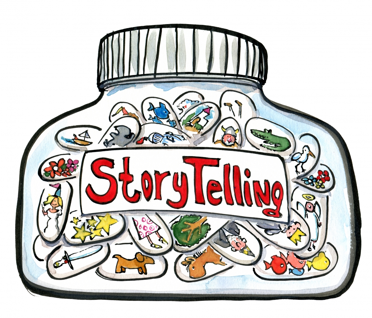Drawing of a jar of magical storytelling Pills