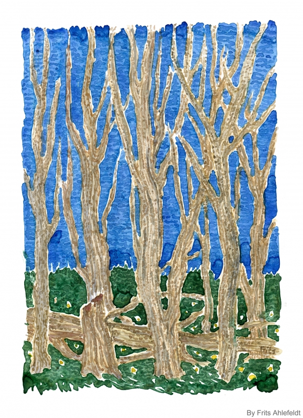 Watercolor of tall dead trees in green grass