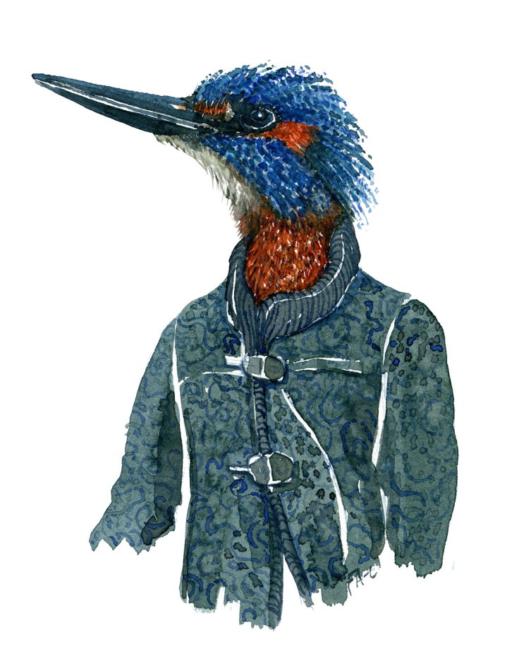 Watercolor painting of a kingfisher bird in green clothing. Portrait by Frits Ahlefeldt