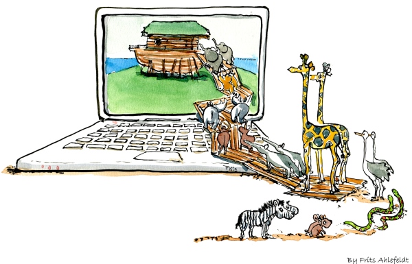 Drawing of zebras, elephants and other threatened animals going into an ark on laptop