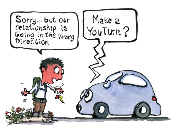 Man leaving a car and the car saying "make a youturn - illustration by Frits Ahlefeldt