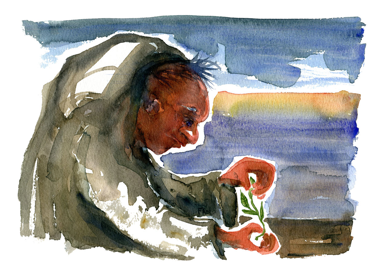 Monk like character, looking at a plant, Watercolor by Frits Ahlefeldt