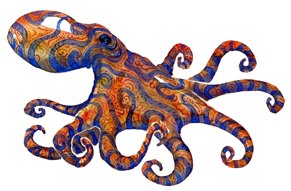 Watercolor of blue striped red octopus creature