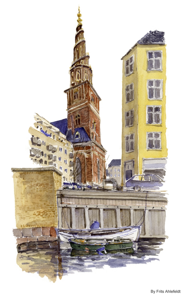 Frelser Church Copenhagen Watercolor painting by Frits Ahlefeldt