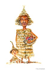 man and kid with clothing made of straws Watercolor people portrait by Frits Ahlefeldt