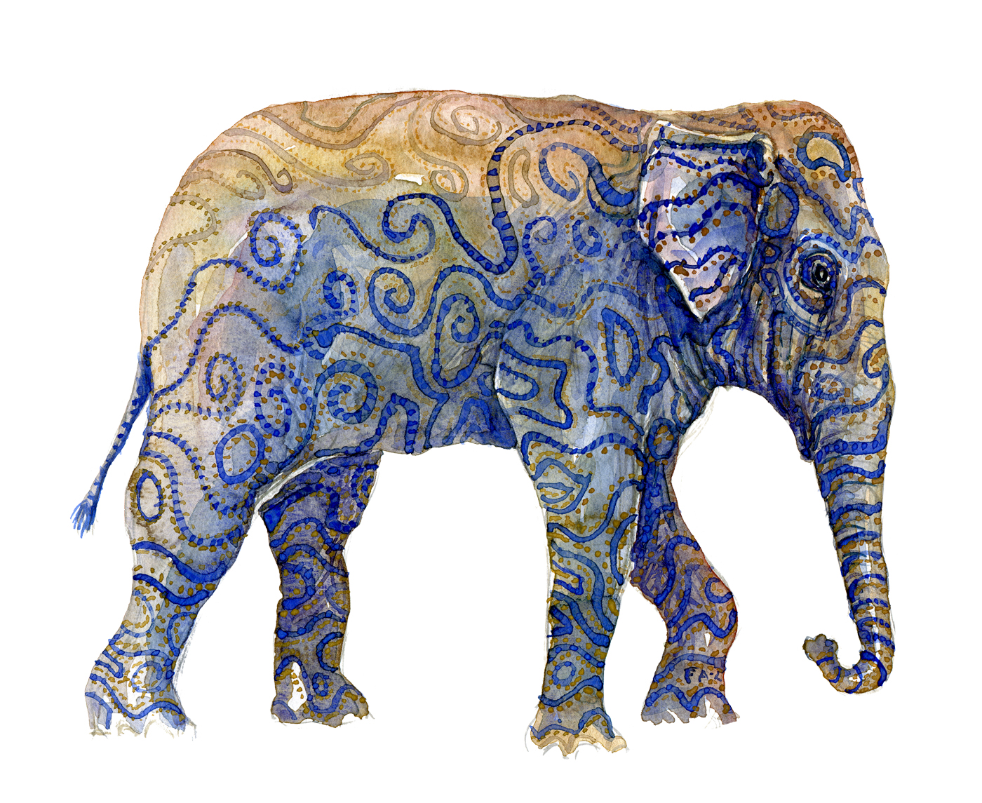 Watercolor by Frits Ahlefeldt, Indian elephant with stripes