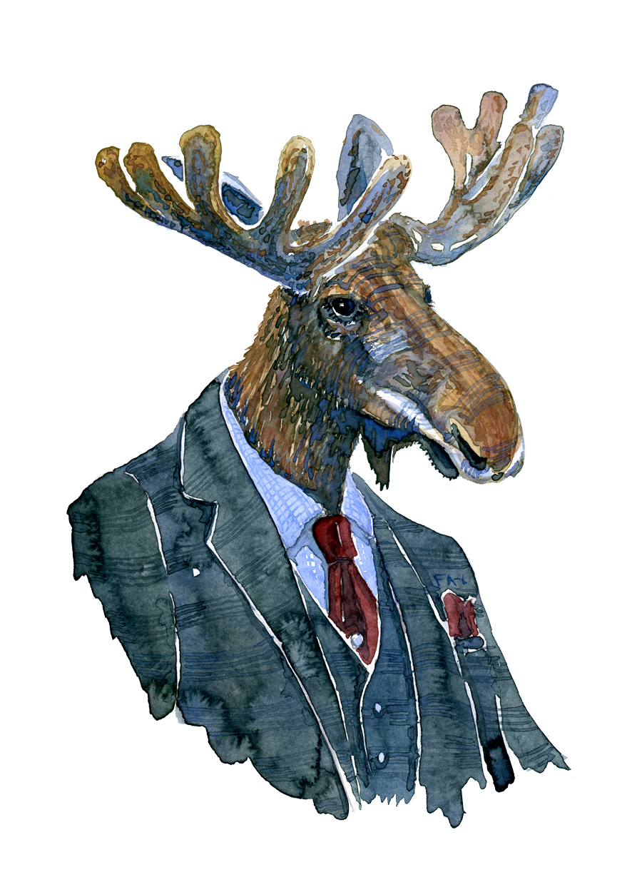 Watercolour of a Moose in suit