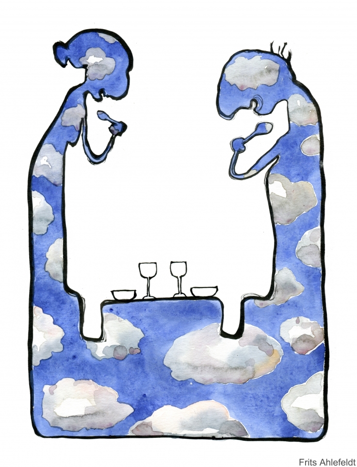 Drawing of a couple eating dinner drawing made of clouds