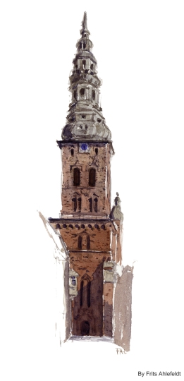 Church Tower, Copenhagen Watercolor painting by Frits Ahlefeldt