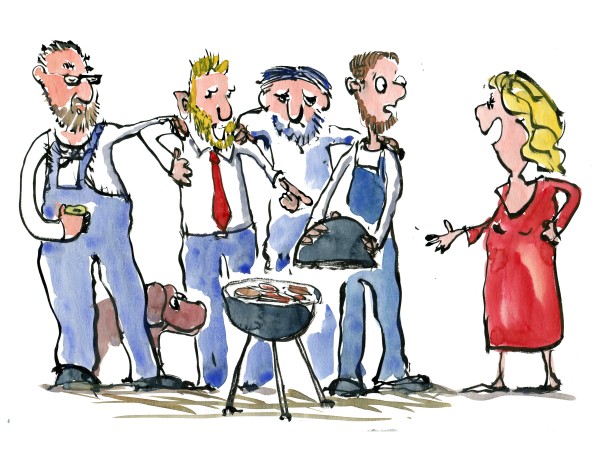 Group of similar looking men and women asking them questions about their barbecue. Drawing by Frits Ahlefeldt
