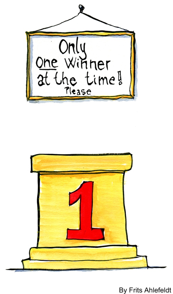 Drawing of a podium with a sign saying "only one winner at the time"