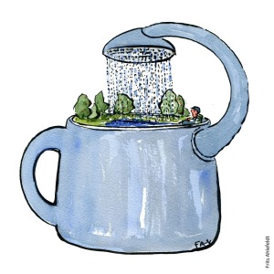 Drawing of a water can with the tip turning back inwards over itself. Circular storytelling Illustration by Frits Ahlefeldt