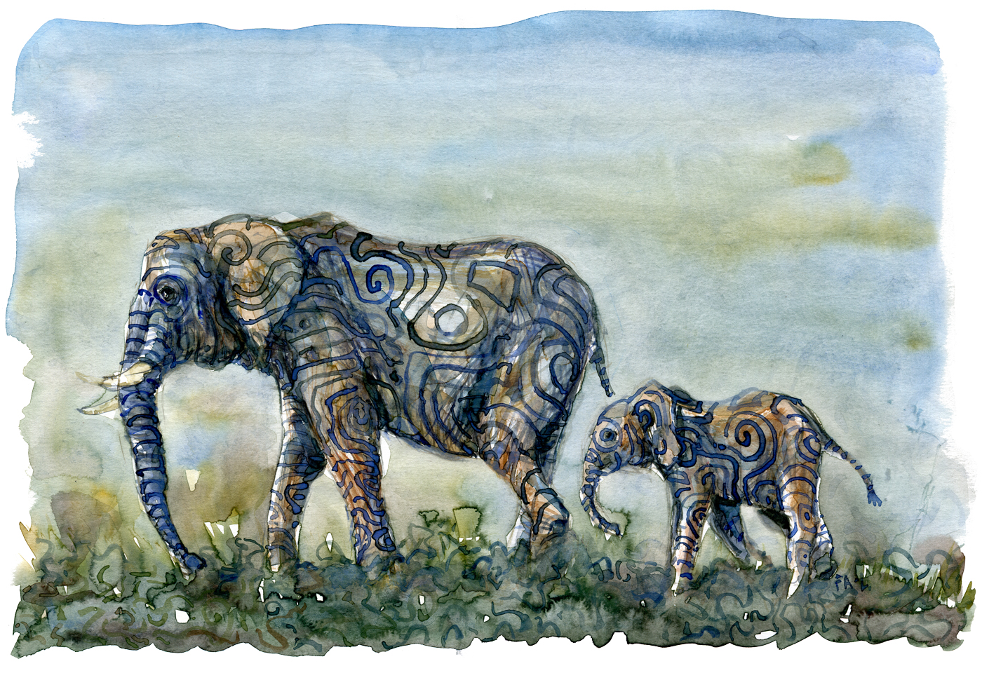 Watercolor of two elephants with stripes, in landscape