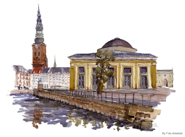 Museum in central Cph. Copenhagen Watercolor painting by Frits Ahlefeldt
