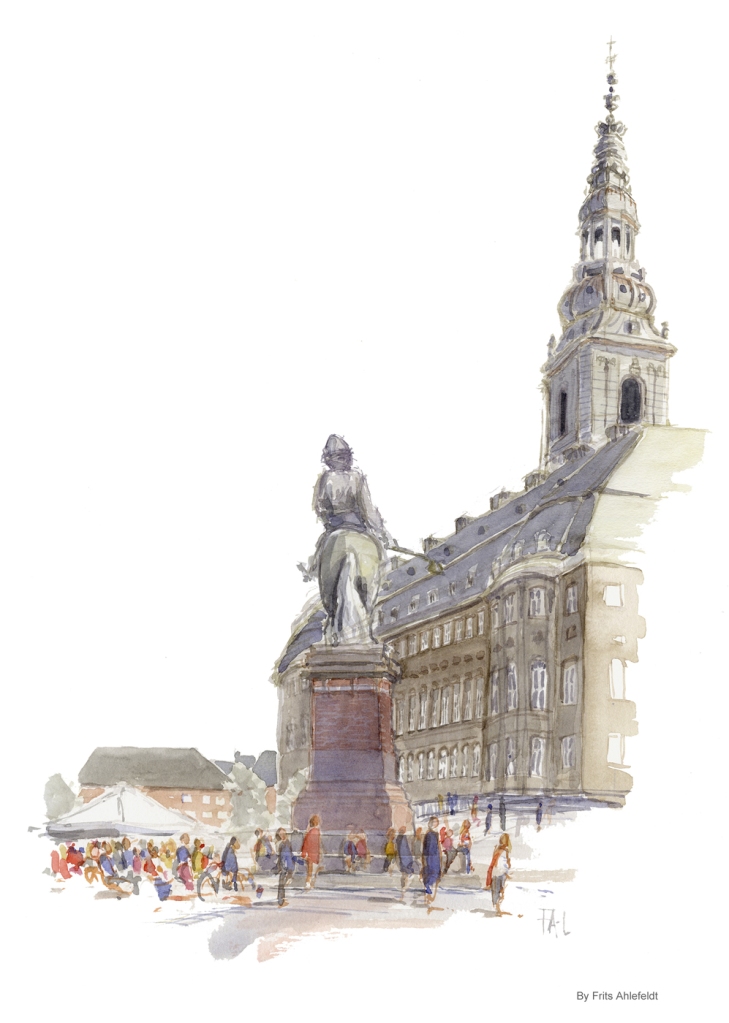 The Danish Parliament, Copenhagen Watercolor painting by Frits Ahlefeldt