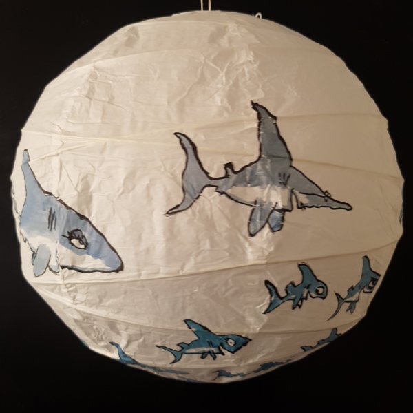 Drawing of a painted rice paper lamp with shark motive. By Frits Ahlefeldt
