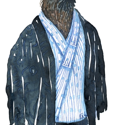 Raven bird dressed in an Asian, Japanese looking kimono. Fashion watercolor painting of animal in suit by Frits Ahlefeldt