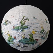 Painting of frog with crown waiting for a princess. Artwork by Frits Ahlefeldt. On rice paper lamp