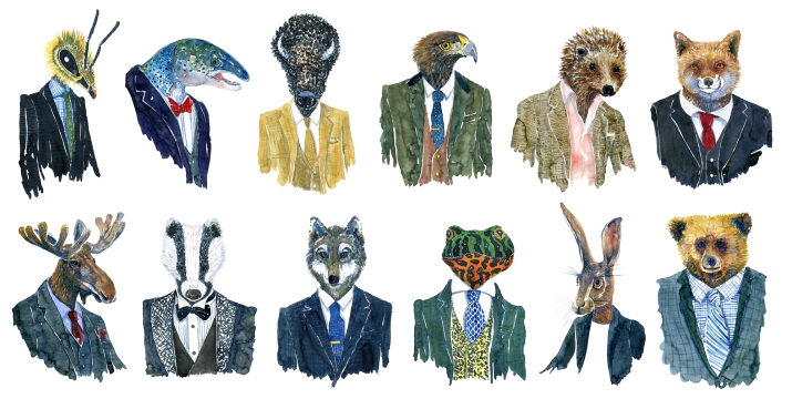 Watercolor of wildlife in suits