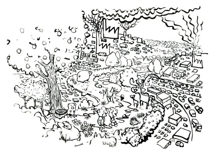 Drawing of a green corridor with hikers and animals, black and white ink version