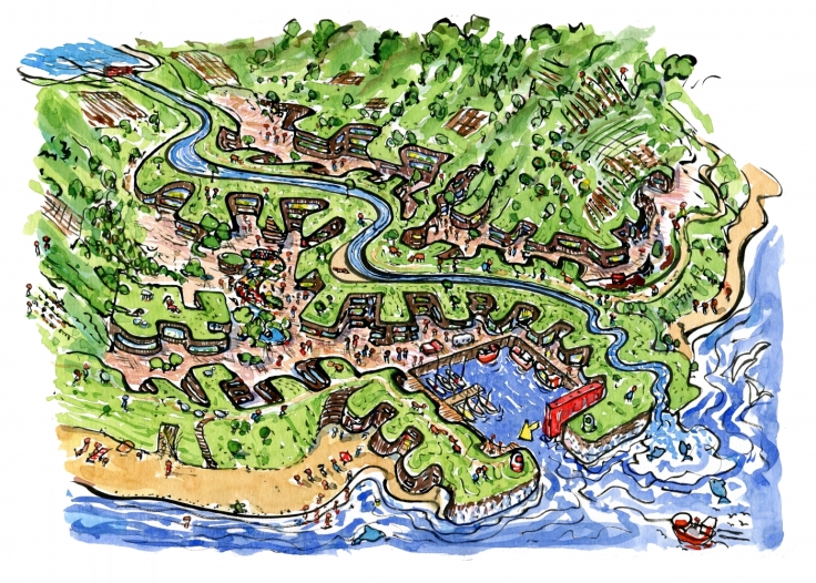 Drawing of a green coastal village in extreme design