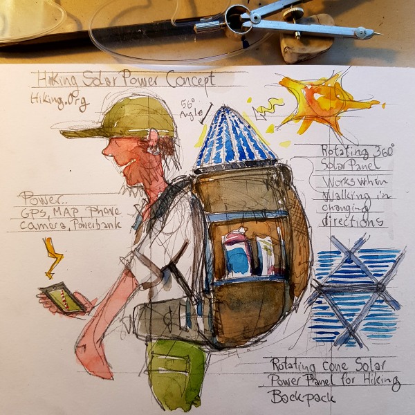Sketch of a V3Solar power generator mounted on a backpack - drawing by Frits Ahlefeldt