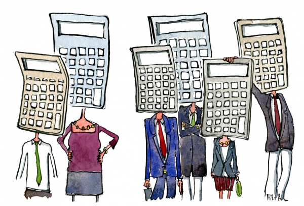 Drawing of people with heads as calculators