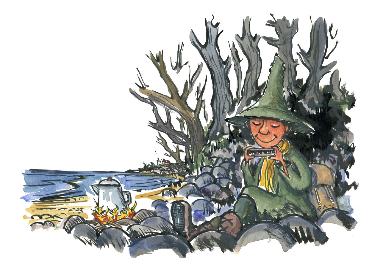 Hiker in green clothes and high hat, inspired by the Snufkin from the Moomin books