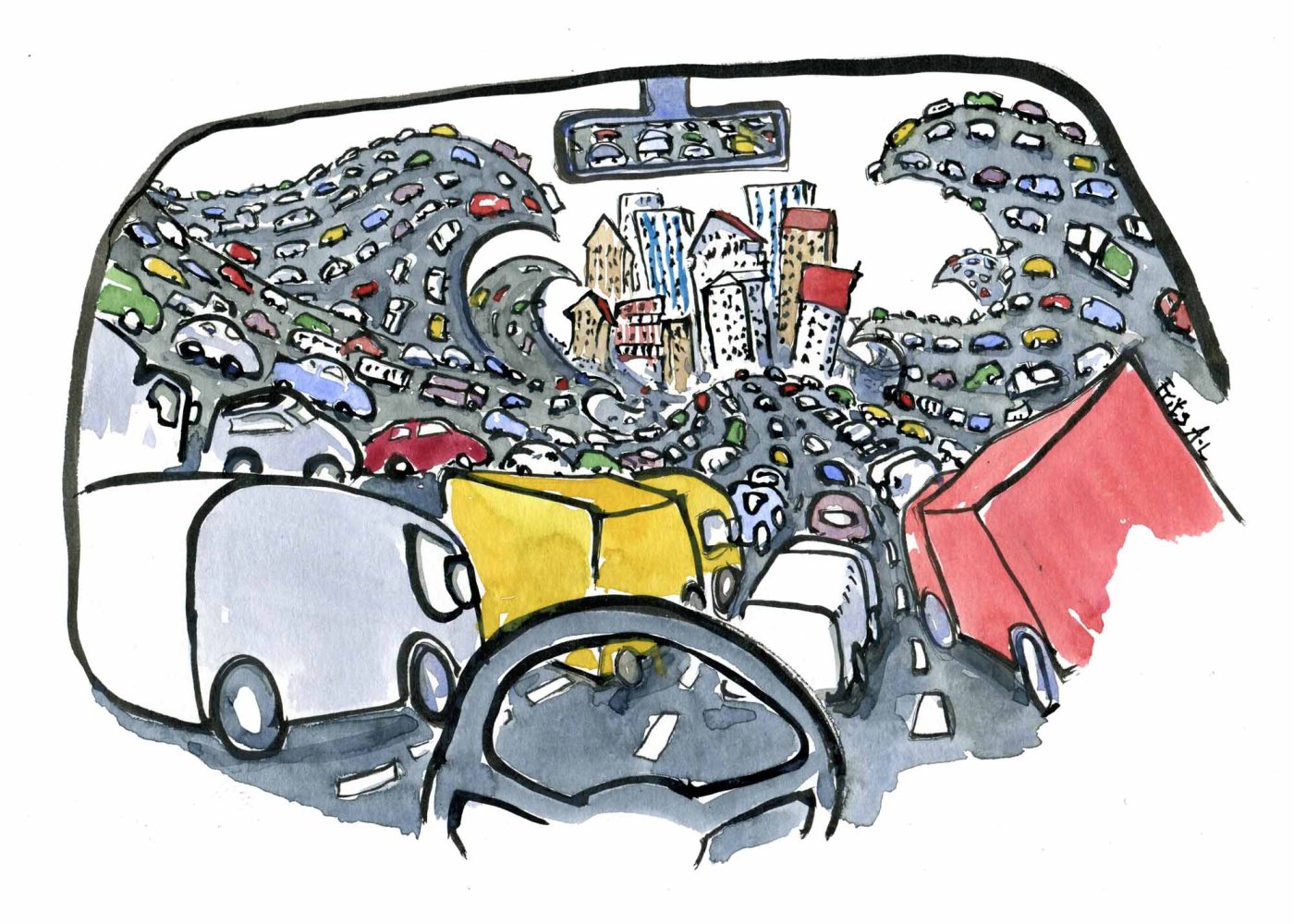 drawing of a lot of cars, seen from the driving seat