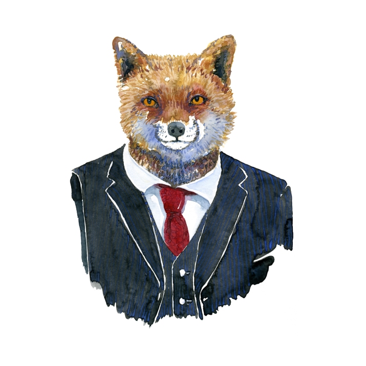 Watercolor of a fox in a suit