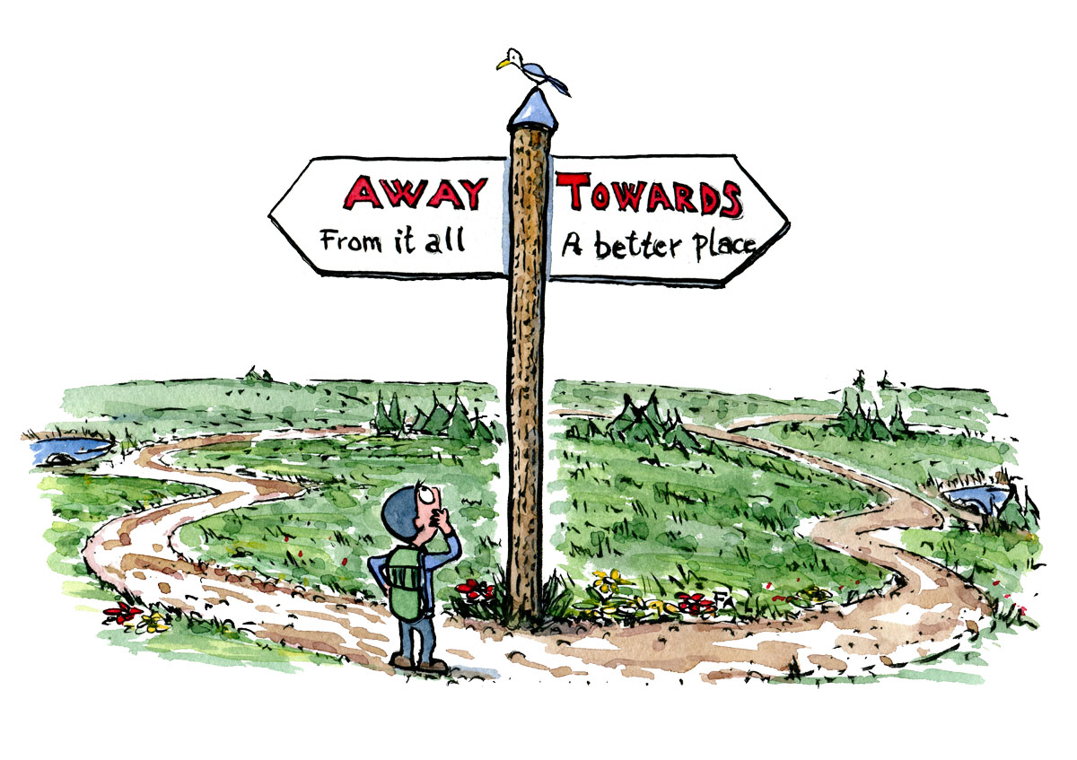 Hiker standing looking at sign with one side saying "away from it all" and the other "towards a better place" illustration by Frits Ahlefeldt