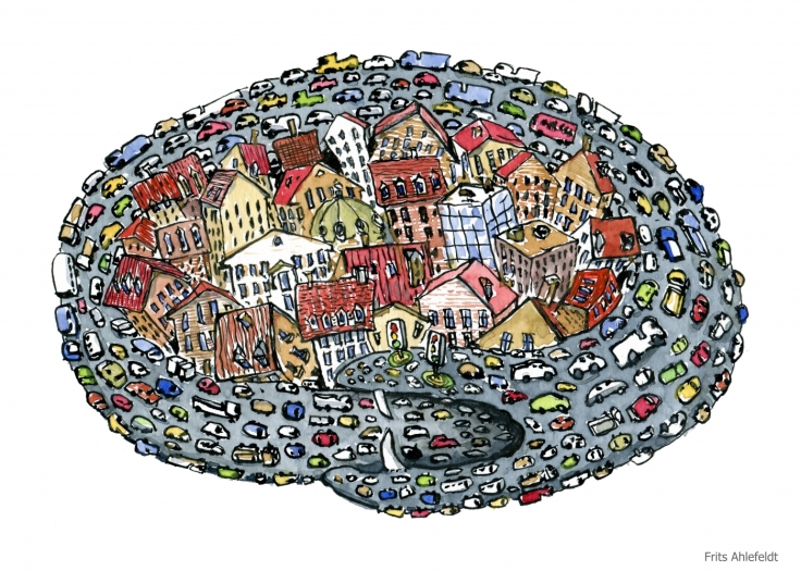 Drawing of a city being strangled by car snake