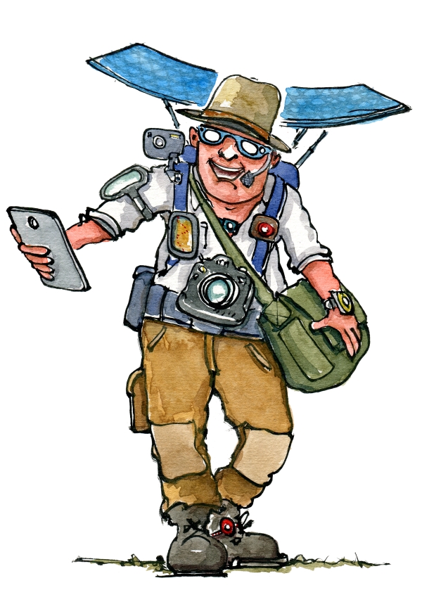 Drawing of a hiker with a lot of digital gadgets