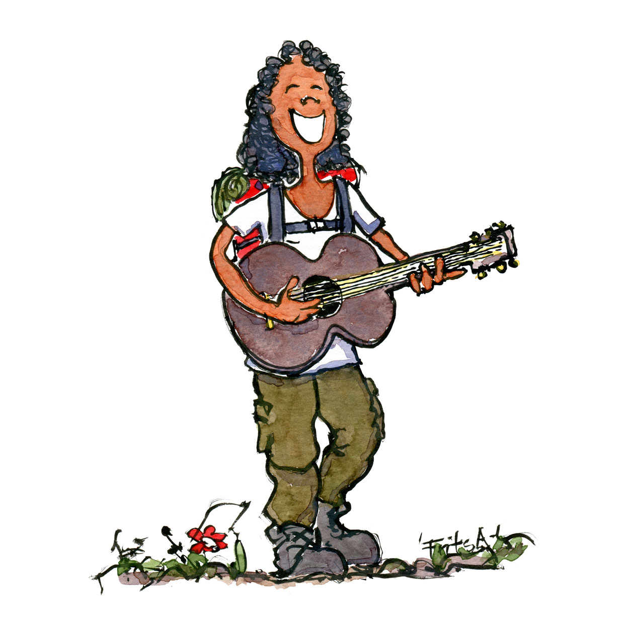 Drawing of a woman with a guitar, hiking with a backpack and an instrument