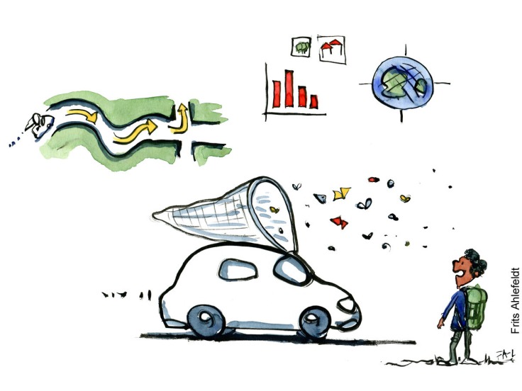Drawing of a car with a net on the roof, driving around and collecting insects. Citizen science drawing by Frits Ahlefeldt