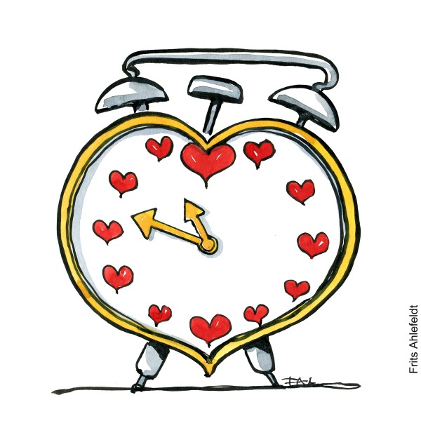 Drawing of an alarm clock, with hearts as numbers. Illustration by Frits Ahlefeldt